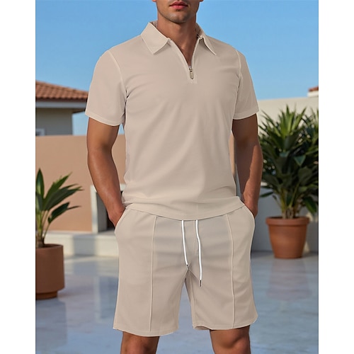 Herren Poloshirts Reißverschluss-Polo Outdoor Alltagskleidung Revers Kurzarm Mode Hawaiianisch Einfach 2 teilig Sommer Normale Passform Schwarz Weiß Marineblau Königliches Blau Himmelblau Khaki Image