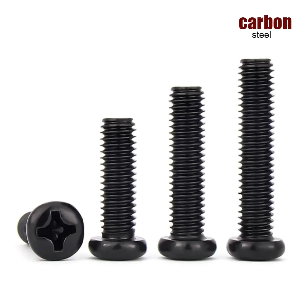 10/100 pièces PM M1 M1.2 M1.4 M1.6 M1.7 M2 M2.5 M2.6 M3M3.5M4M5M6 noir acier au carbone Phillips Pan tête ronde Machine compteur vis