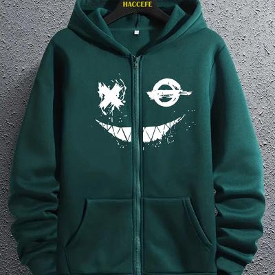 TEMU Men' Hooded Zip-up Hoodie Jacket With Geometric Pattern Print, Kangaroo Pocket Long Sleeve Sweatshirt, Casual Knit Polyester Outerwear For All Image