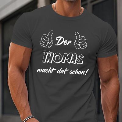 TEMU Men's Casual Crew Neck T-shirt With German Streetwear Design, Geometric Pattern, Stretch Fabric, Regular Fit - Thomas Print Summer Top For Casual Attire Image