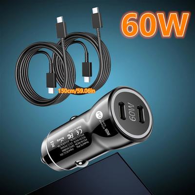 TEMU 60w Car Charger Adapter With 2pcs 4.9ft Usb C To Usb C Cable, Daul Usb C Car Charger Compatible With S23/s23+/s23 Ultra, For Iphone 16/15/14/13, Pixel 7, Ipad, Tablet, Laptop(black) Image