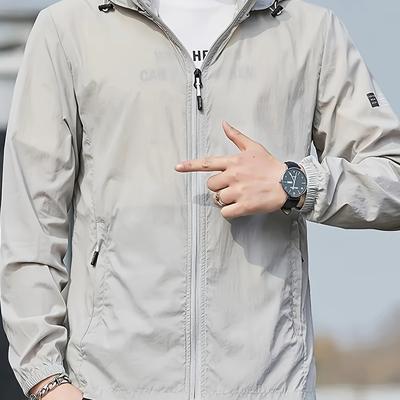 TEMU Men's Casual Hooded Zip-up Jacket With Pockets - Light Blue, Long-sleeve, Non-stretch Fabric, Outdoor Activities, Fitness, And Everyday Wear, Outdoor Sports Jacket | Jacket | Zippered Jacket Image