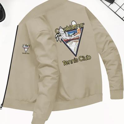 TEMU Men's Trendy Tennis Club Print Jacket - Casual Zip-up With Stand Collar, Skinny Fit, Front Pockets, And Side Pockets For Fall/winter, Casual Outerwear|stylish Jacket| Jacke Image