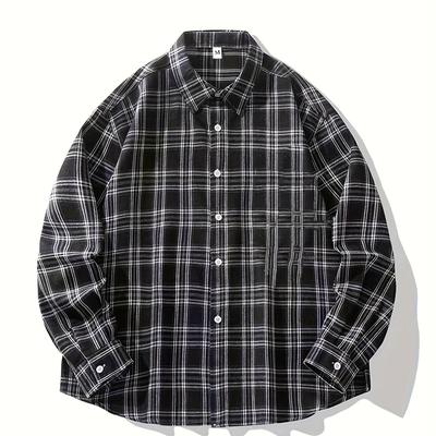 TEMU Button-up Shirt - Long Sleeve, Black & White Checkered Design, Polyester Fabric, Machine Washable, Spring/fall Casual Wear Image