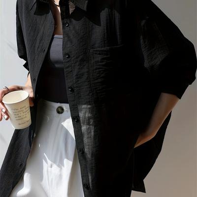 TEMU Women's Lightweight Maroon Button-up Shirt - Casual Loose Fit Long Sleeve, Breathable Blouse For Spring Summer Fall, Versatile Layering Piece, Ladies Blouses Image