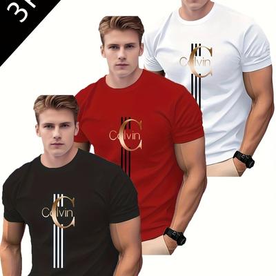 TEMU 3pcs Men's Casual Graphic T-shirts - Summer Short Sleeve Round Neck Tees With 'c' Logo & Stripes, Red/white/black, Regular Fit For Casual Attire, Comfortable Tee, , Nontransparent Material Image