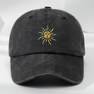 TEMU 1pc Makefge Vintage Sun Embroidery Baseball Cap, 100% Polyester Soft Non-stretch Fabric, Hand Washable, Geometric Pattern, Moisture-wicking Outdoor Casual Sports Hat Image