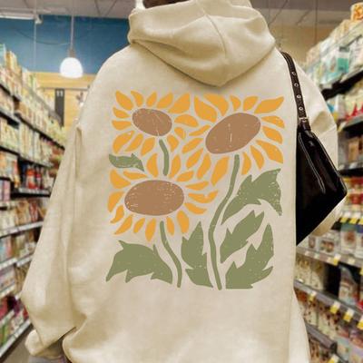 TEMU Sunflower Pattern Print Kangaroo Pocket Hoodie, Casual Long Sleeve Drawstring Hooded Sweatshirt, Women's Clothing Image