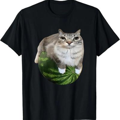 TEMU Men's Funny Watermelon Cat Meme Graphic T-shirt - Black Casual Round Neck Tee With Silly Print, Machine Washable Regular Fit For Casual Attire, Unisex Clothing, Design, Apparel Image