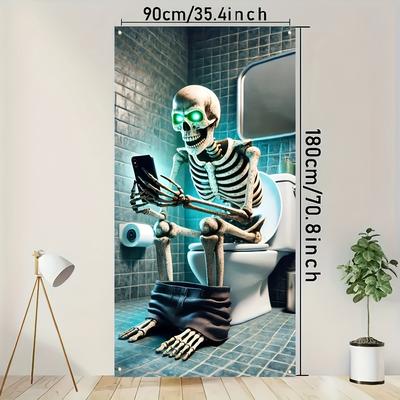 TEMU 2d Door Banner, 2d Door Banner - 1pc Theme Green Door Banner, Skeleton , Suitable For Party Decor Door Hanging, Polyester Fabric Image