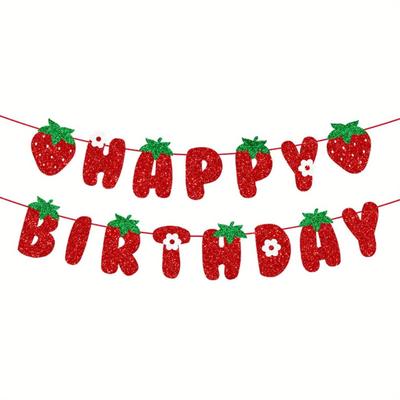 TEMU Strawberry Happy Birthday Banner, Glitter Strawberry Banner, Strawberry Theme Birthday Garland For Birthday Party Hanging Decorations Image