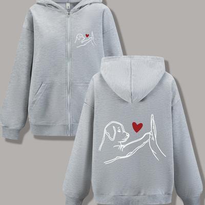 TEMU Women's Casual Dog Print Hoodie - Long Sleeve, Zip-up Jacket With Kangaroo Pocket, Spring, Summer & Fall, Polyester With Stretch, Dog Hoodie Image