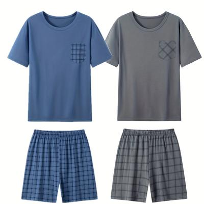 TEMU 4pcs Men's Summer Thin Pajama Set With Short Sleeve And Shorts, 2pcs Outfit For Men Image