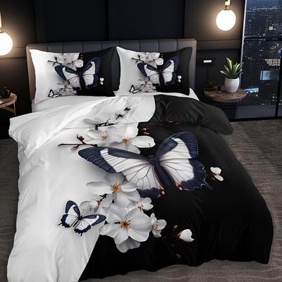 TEMU 2/3pcs Black And White Flower Romantic Duvet Cover Set (1 Duvet Cover + 1/2 Pillowcases Without Pillow Inserts), Home Dormitory High-definition Print Modern Atmosphere Bedroom Bedding Image