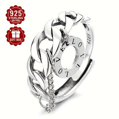 TEMU 1pc Women's S925 Sterling Silvery Hypoallergenic Round Love Chain Design Minimalist Luxury Suitable For Gift Fashionable Women's Finger Ring Image