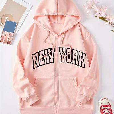 TEMU Letter Print Zipper Hoodie, Casual Long Sleeve Slant Pocket Hoodie, Women's Clothing Image