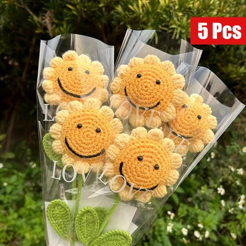 TEMU 5pièces Artificiel Main Tissé Bouquet - Tissé Bouquet Fait - Fleur Préservée Cadeau Jour des Enseignants Fleur Tricotée - Cadeau Fête des Mères