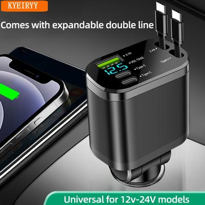 TEMU Multifunctional Car Charger, Equipped With Dual Extension Lines And 2 Type-c+1 Usb Ports, With Voltage Display, Suitable For Vehicles Ranging From 12-24v Image