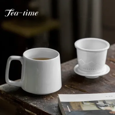 450ML White Porcelain Mug with Handle Filter Lid Coffee Cup Home Porcelain Cup Office Tea Mug Premium Gift Tumbler Tazas De Café