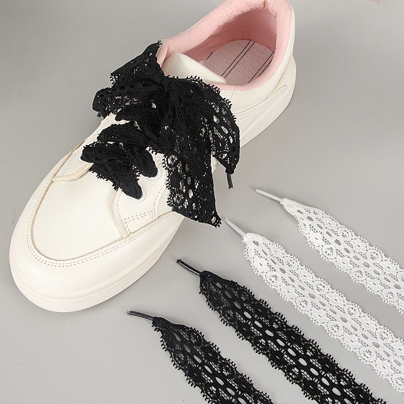 1 Paar Spitzenband-Stretch-Schnürsenkel, Spitzenband, breite schwarz-weiße Tüll-Spitzen-Schnürsenkel, Ins-Style-Schnürsenkel, Spitzen-Schnürsenkel Image