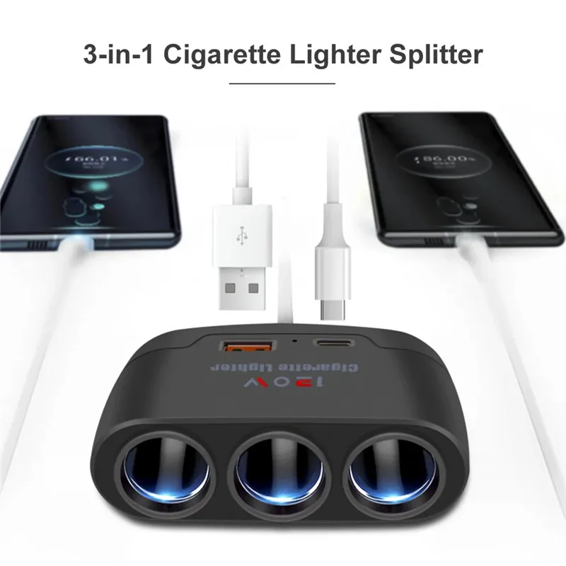 Auto Steckdosen 3 in 1 USB Typ C Schnelle Ladegerät Zigarette Leichter Splitter 12V 120W Telefon Power Adapter für DVR GPS Auto Zubehör Image