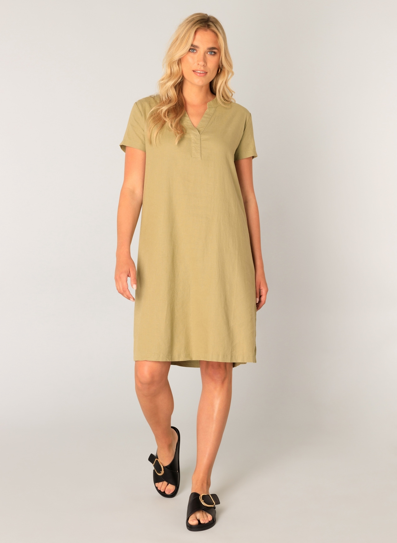 Tunikakleid BASE LEVEL "Yacin", Damen, Gr. 46, N-Gr, soft army, Web, Obermaterial: 55% Leinen, 45% Viskose, Casual, gerade knielang, Serafino, Kleider, Sommerkleid mit Leinen Image