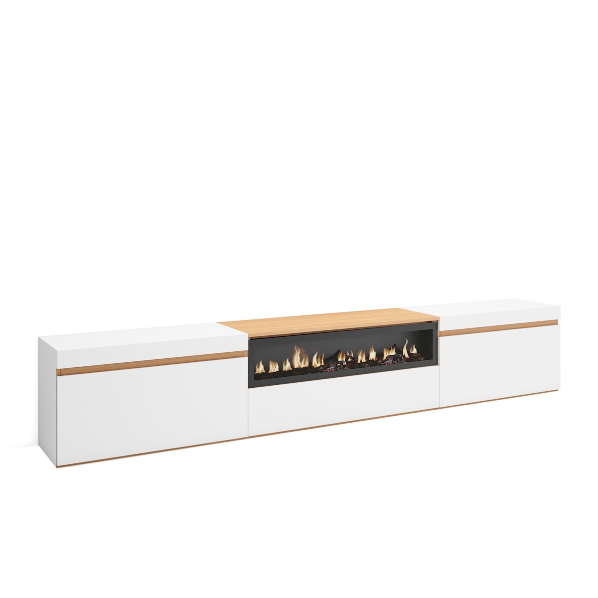 SKRAUT HOME TV-Schrank, Lowboard, 260x45x35cm, Für großformatiges TV, Elektrokamin., Weiß und Eiche Soft Image