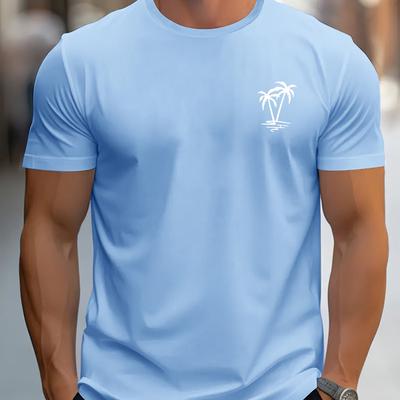 TEMU Men's Casual Short Sleeve T-shirt With Palm Tree Print - Soft Breathable Fabric, Regular Fit Round Neck, Ribbed Detailing & Logo - Summer Streetwear Essential For Adults Image