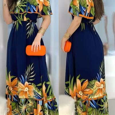 TEMU Tropical Floral Off-shoulder Maxi Dress For Women - Vibrant Orange, Floral Print, Detail, A-line Silhouette, Summer Vacations Image