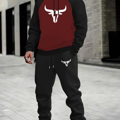 TEMU Men's Casual Sports Hoodie And Pants Set, Unisex-adult, Autumn/winter Collection, Polyester Knit Fabric, Printed Design, Casual Fit, Hooded Sweatshirt And Sweatpants Combo Image