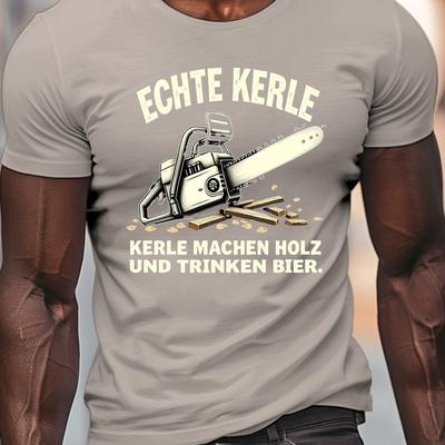 TEMU Men's Casual Crew Neck T-shirt With Chainsaw Design, Lightweight Summer Top For Adults Image