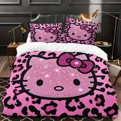 TEMU 3pcs Hello Kitty Floral Glow Bedding Set - Hello Kitty In Pink With Leopard Print, Includes 1 Quilt Cover & 2 Pillowcases, Polyester Fabric, Zip Closure, Comforter Image