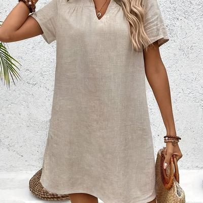 TEMU Women's Elegant French-inspired V-neck Summer Dress - Solid -line Mini Dress With Hem, Short Sleeves, And Texture, Casual Or Stylish Outfits, Casual Summer Dress | Hem Dress | Texture Dress Image