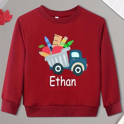 TEMU Girl's No Hat Sweatshirt...... Customized Truck Pattern Printed Comfortable Casual Round Neck Top With Name Image