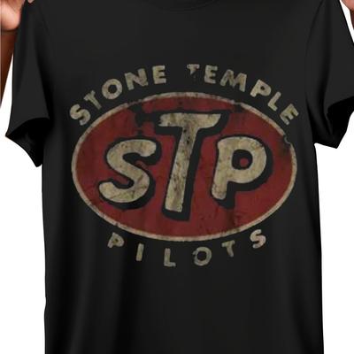 TEMU 180g Cotton T-shirt For Men - Nostalgic Stp Stone Temple Pilot Novelty Print, Retro Casual Breathable Short Sleeve Tee, Ideal Gift, Pilot Pattern, Gift Cotton Printed Shirts Image