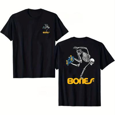 TEMU Men's Vintage Skateboarding Skeleton Graphic T-shirt - 100% Cotton Black & White Skull Print Tee With Yellow Accents, O-neck Casual Streetwear For , Skateboard Gifts, Soft Fabric Shirt Image