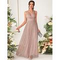 Abito da damigella d'onore A-Line con scollo a V senza maniche elegante lunghezza fino al pavimento in chiffon con paillette