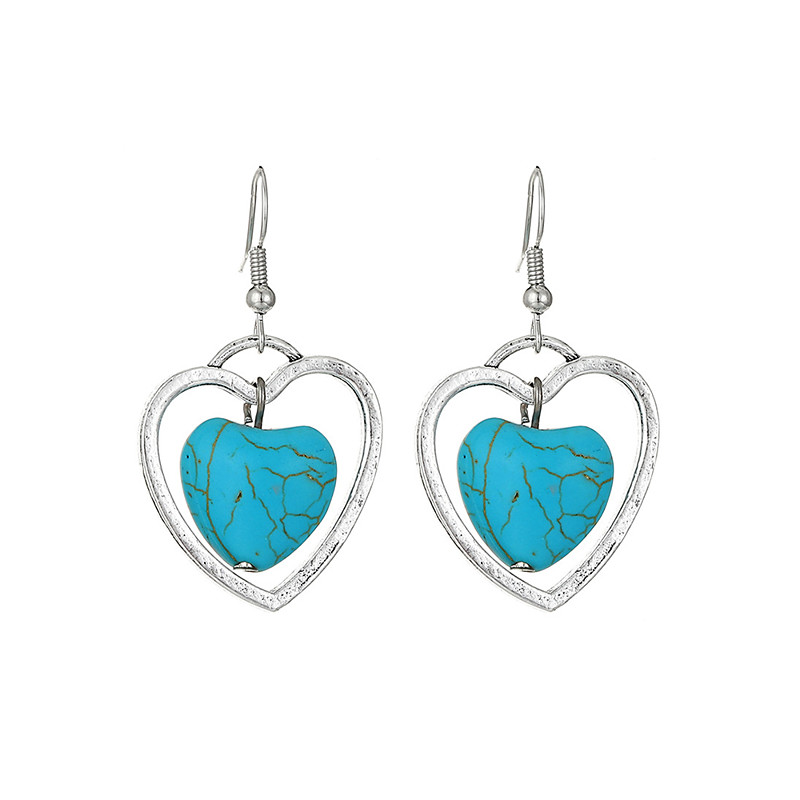 Women's Boho Turquoise Heart Drop Earrings – Vintage Silver Accents, Natural Stone Dangle Design for Free-Spirited Women, Ideal for Music Festivals, Casual Outings and Gifts