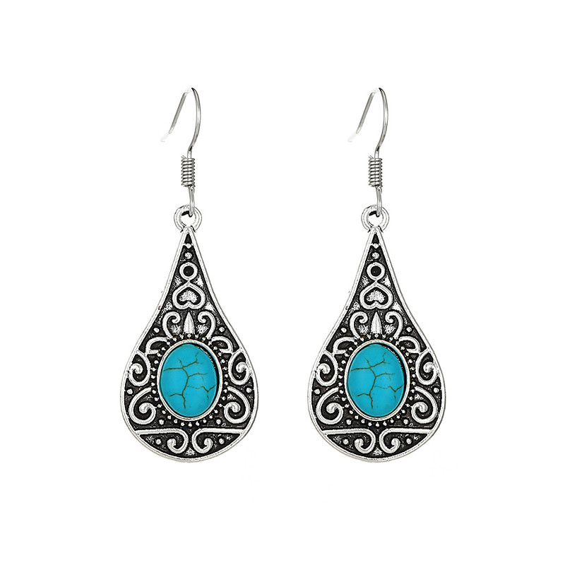 Women's Boho Turquoise Heart Drop Earrings – Vintage Silver Accents, Natural Stone Dangle Design for Free-Spirited Women, Ideal for Music Festivals, Casual Outings and Gifts