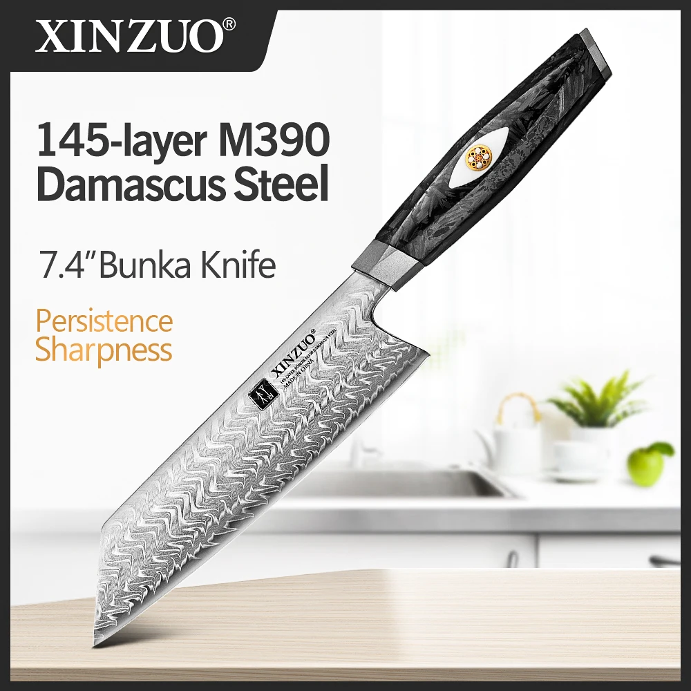 XINZUO 7,4'' Bunka Messer BÖHLER M390 Pulverstahl Damaststahl Nassmethode Rand 15 ° Mit schwarzer Kohlefaser mit Harzgriff Image