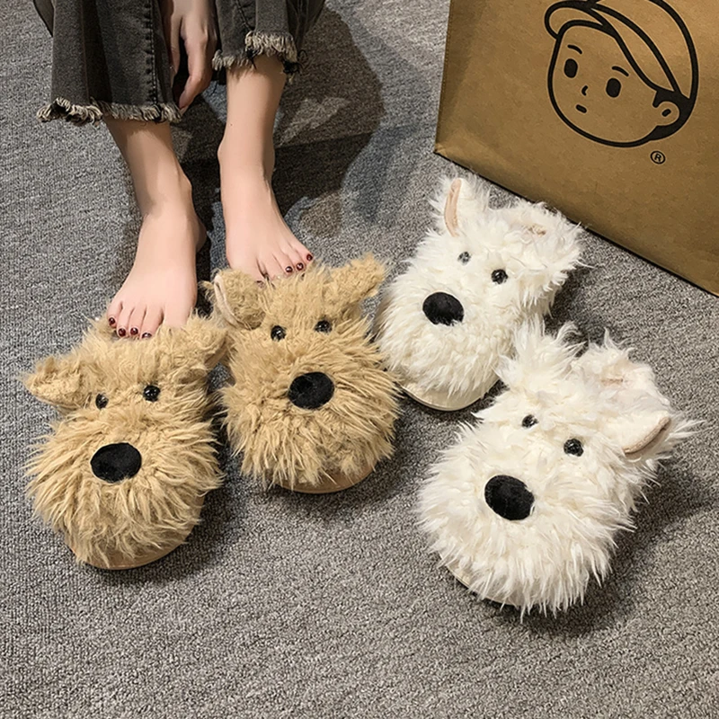 Casual Flauschige Damen Hausschuhe Hause Flache Cartoon Hund Designer Winter Schuhe Mädchen Indoor Plüsch Plattform Schuhe Fuzzy Pelz Rutschen Image