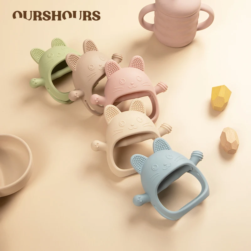 Baby Silikon Beißring Handschuhe Spielzeug BPA FREI Cartoon Katze Säuglings Zahnen Spielzeug Neugeborenen Zahnpflege Molaren Stick Baby der Zubehör Image