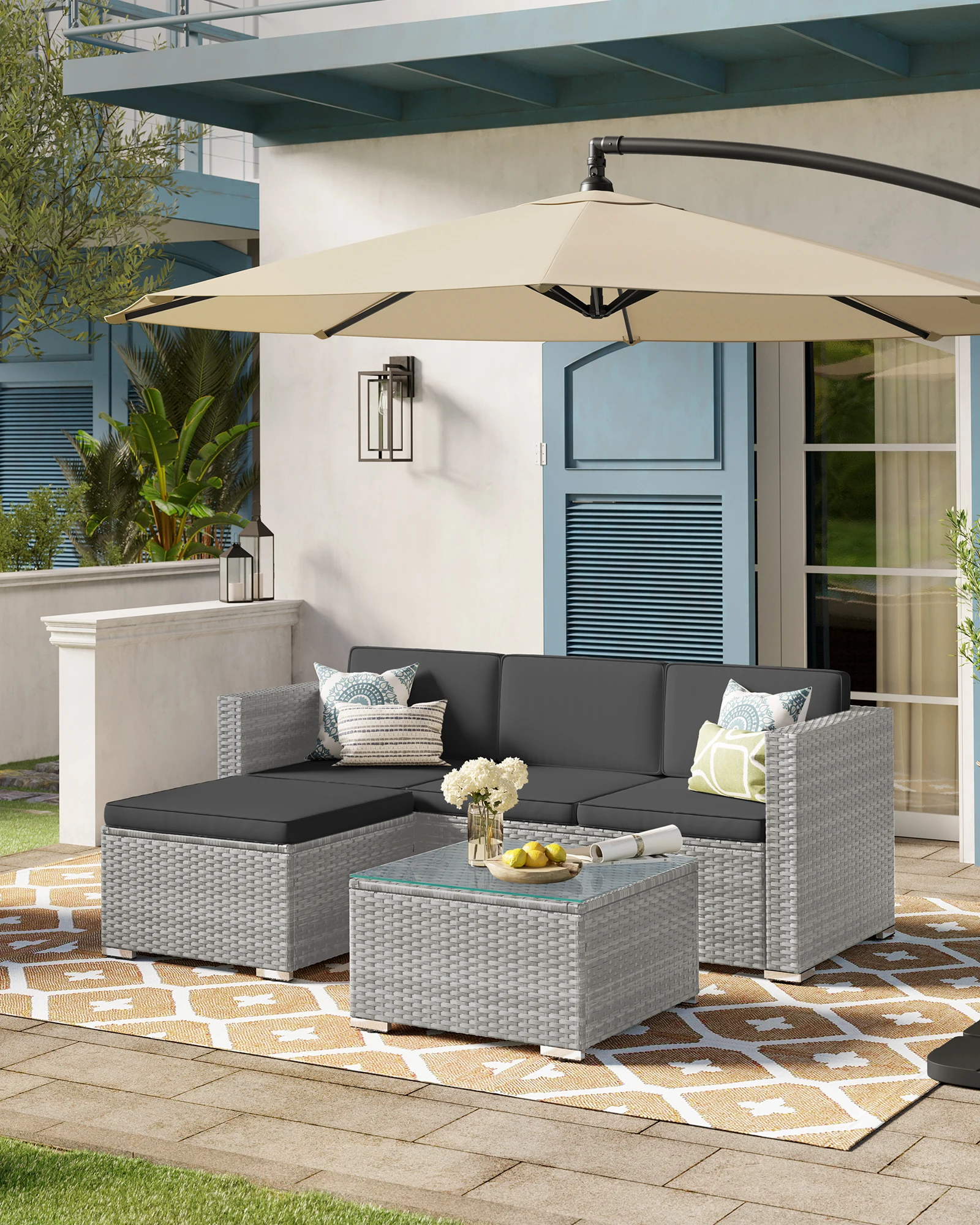 SONGMICS Gartenmöbel-Set, Terrassenmöbel, Ecksofa, Outdoor, handgeflochtenes Rattan, Lounge-Set, mit Kissen und Glastisch Image