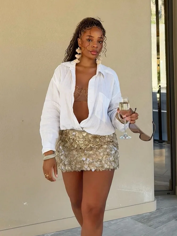 HH Frauen Sommer Mode Party Stil Pailletten Mini Dünnen Rock Weibliche Sexy Elegante Bankett Zipper Hohe Taille Kurzen A-linie Rock Image