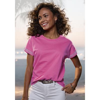 Kurzarmshirt LASCANA "mit glitzernem Strass-Design am Arm", Damen, Gr. 48/50, pink, Single Jersey, Obermaterial: 100% Baumwolle, unifarben, feminin, Rundhals, Kurzarm, Shirts, aus weicher Baumwoll-Qualität Image