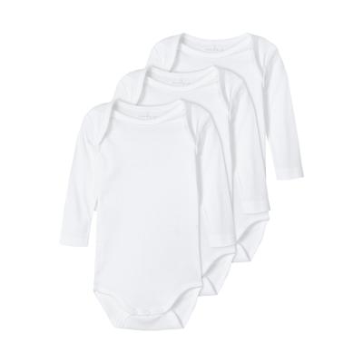 Body NAME IT "NBNBODY 3P LS SOLID NOOS", Baby, Gr. 98, N-Gr, weiß (hellweiß), Sweatware, Obermaterial: 100% Baumwolle, unifarben, casual, regular fit, Rundhals, Langarm, Bodies Image