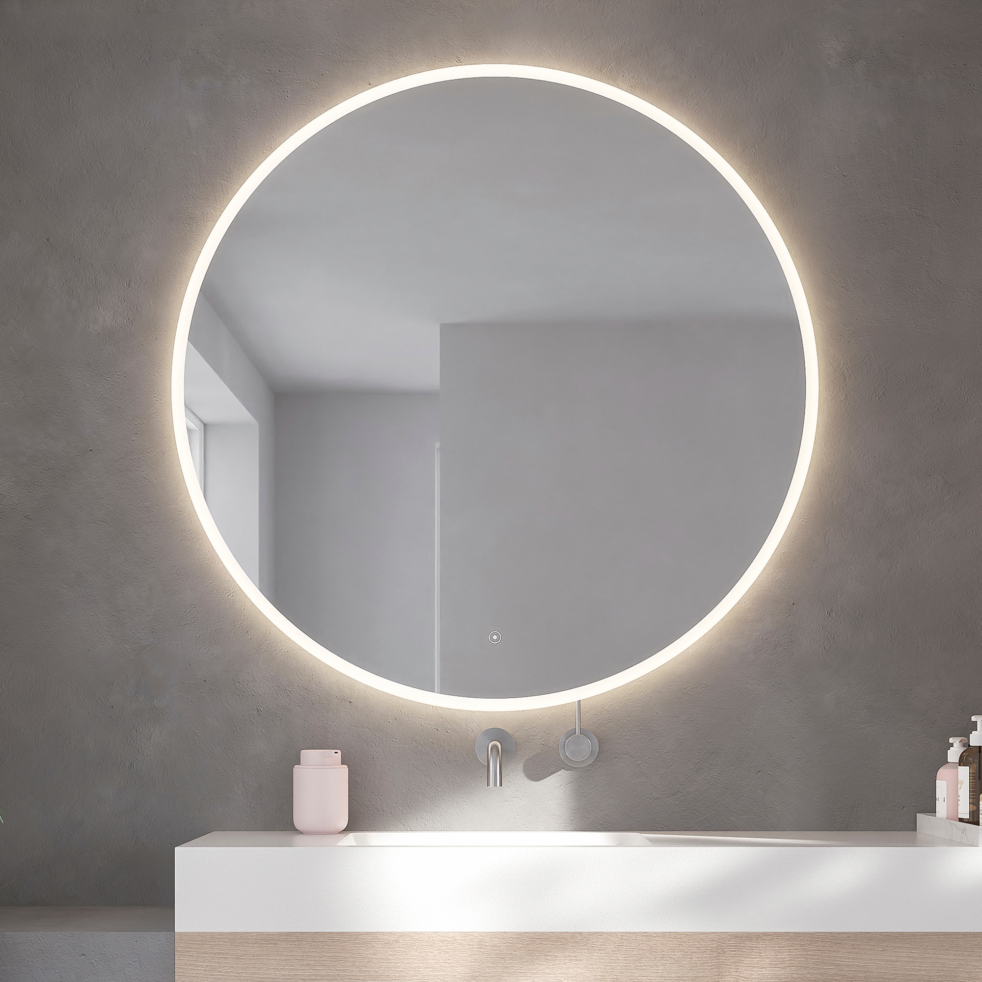Badspiegel LOEVSCHALL "Atlas Rund, Badezimmerspiegel mit LED Beleuchtung, Lichtspiegel", silber (weiß), Spiegel, B/H/T: 3,5cm Ø 100cm, Spiegelglas, Touchpanel für Lichtsteuerung, Verstellbarer Spiegel, Dänisches Design, T:3,5cm Ø:100cm Image