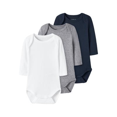 Body NAME IT "NBNBODY 3P LS SOLID NOOS", Baby, Gr. 98, N-Gr, schwarz sapphire pack:w, grau melange, hellweiß, Sweatware, Obermaterial: 100% Baumwolle, meliert, casual, regular fit, Rundhals, Langarm, Bodies Image