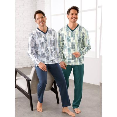 Schlafanzug WÄSCHEPUR, Herren, Gr. 52/54, ecru, dunkelblau, ecru, petrol, 100% Baumwolle, Homewear-Sets Image