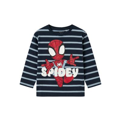 Langarmshirt NAME IT "NMMJOSUE SPIDER NREG SS TOP MAR", Jungen, Gr. 122/128, navy blazer stripes:dusty blau, Jersey, Obermaterial: 95% Baumwolle, 5% Elasthan, gestreift, casual, regular fit normal, Rundhals, Langarm, Shirts Image